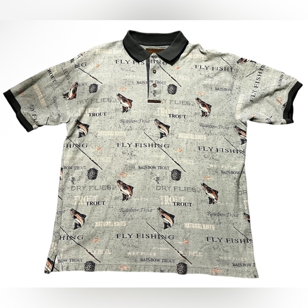 North River Green Fly Fishing Trout Polo Shirt Short Sleeve Camping Fish - Large